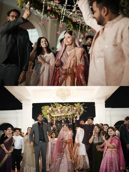 The bride's entrance, surrounded by family and friends, is a moment of collective joy. We capture the wide view to include the happy faces of everyone sharing in the celebration.