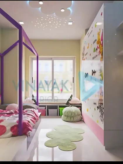 This playful room features a house-frame bed, colorful headboard, and a starry ceiling with cloud-like light fixtures. A dedicated whiteboard and open shelves encourage both creativity and organization.