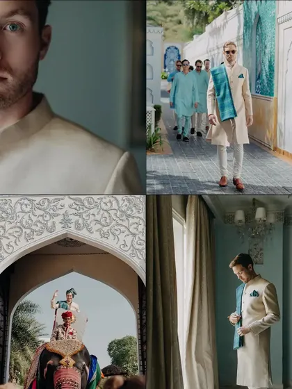 A collage dedicated to the groom, Matt, showing his regal entry on an elephant and moments of getting ready. We ensure the groom's story is told with equal importance.
