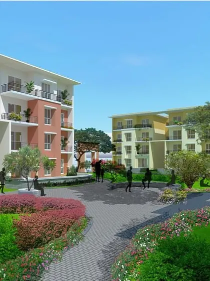 A rendering of a housing cluster featuring landscaped walkways and community gardens, designed to foster a thriving and sustainable neighborhood.