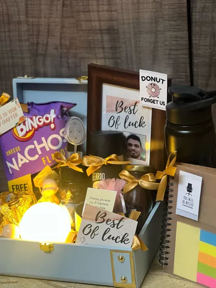 Another view of the personalized farewell hamper, showing the glowing orb light that adds a unique and warm touch to the gift.
