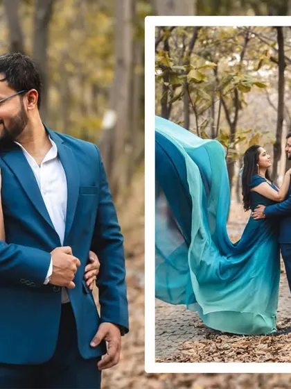 The forest becomes a ballroom in this enchanting shot. The movement of the long, flowing trail of the gown adds a dynamic and whimsical element to this nature-based pre-wedding photo.