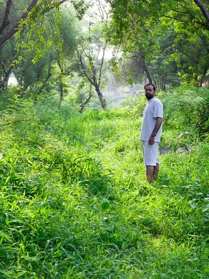 A participant stands in a field of lush green grass at Aravali Creek, a powerful image of a landscape healed and restored.