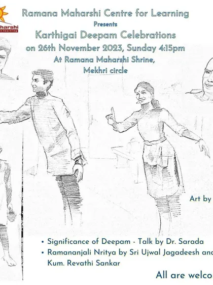 A sketch-based invitation for our Karthigai Deepam and Pournami celebrations. The artwork beautifully depicts the theme of the Ramananjali Nritya performance, blending art with devotion.