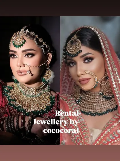 Two different bridal looks created using my green Kundan rental sets. This shows the versatility of my collection for MUAs.