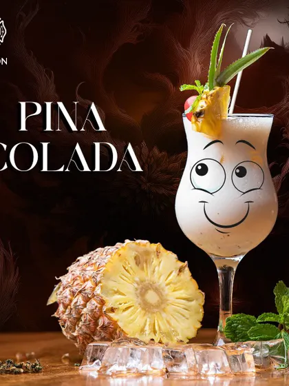 A playful graphic of our creamy Pina Colada, garnished with pineapple and a cherry. It's a tropical escape in a glass.