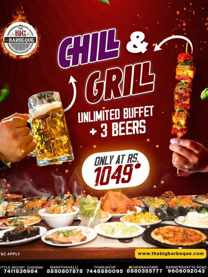 Grill hard, chill harder. We’re serving unlimited bites that sizzle and three ice cold beers for ₹1049 to keep you cool.