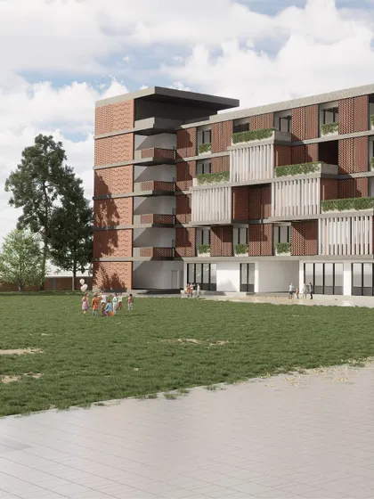 Another CGI view of the AWE India School, showing how the building interacts with the landscape. Digital simulations help us understand the building's performance and aesthetic from multiple perspectives.