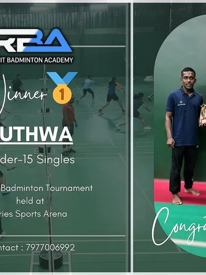 A congratulatory graphic for Ruthwa's win in the Under-15 category at the Namma Badminton Tournament.