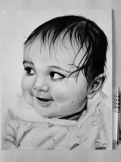 An incredibly detailed portrait of a baby, capturing the soft skin, wispy hair, and curious expression. This was drawn on A3 size Strathmore paper.