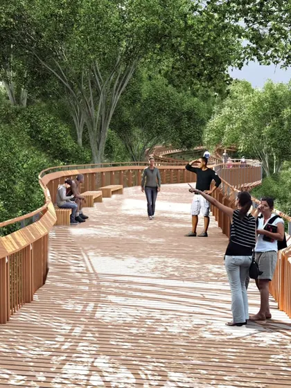 A render of the Malabar Hill walkway showing people enjoying the trail. The design includes seating areas and wide paths to encourage visitors to pause, observe the surrounding flora and fauna, and experience the tranquility of the forest.