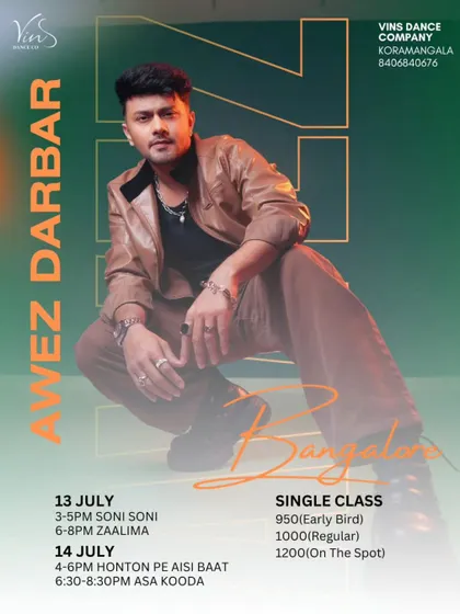 Awez Darbar is coming to Bangalore. Get ready for a weekend packed with his high-energy Bollywood and commercial choreography.