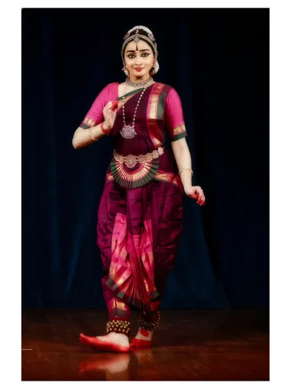 A classic pose showing the traditional costume and jewelry in full view. This was taken during a performance for Aikyam 2024 in Chennai.