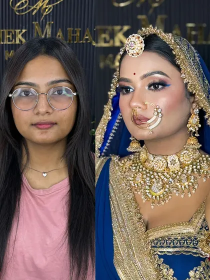 Before and after of my signature Rajputi bridal look. The transformation focuses on creating a royal and timeless look with bold eyes and perfectly matched skin tone, making the bride look absolutely regal in her blue attire.