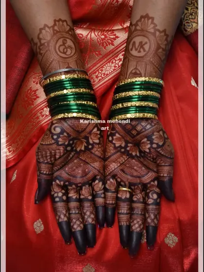 The final result is what matters most. This image shows the beautiful, dark henna stain after the paste has been removed, a testament to the quality of my organic mehendi cones. The custom initials add a personal touch.