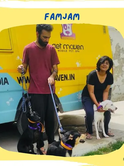 Another happy family in front of our grooming van! We are proud to provide a service that brings so much convenience and joy.