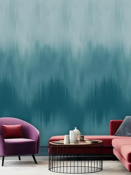 A cool and calming teal ombre with a textured, streaked effect. This design, paired with a bold red sofa, creates a striking and contemporary color contrast.