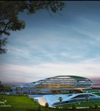 A dusk view of the Urban Centre, where the building's form creates a dramatic silhouette against the sky, envisioned as a landmark for innovation.
