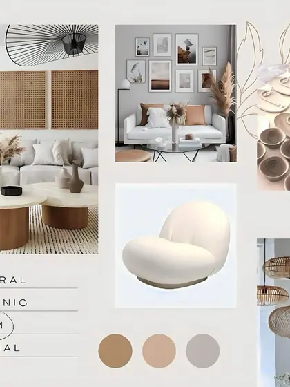 This mood board captures an aesthetic of simple elegance. The palette is minimal and warm, focusing on natural materials, organic shapes, and a sense of calm that is perfect for creating a minimalist yet inviting home.