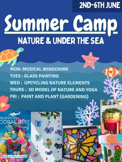 Dive into our 'Nature & Under The Sea' summer camp. This week was filled with activities like making musical windchimes, glass painting, and creating a 3D model of a coral reef.