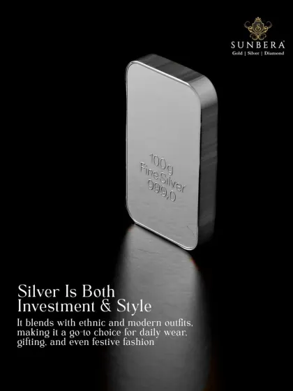 Silver is both an investment and a style statement. This image features a 100g fine silver bar with 999.0 purity, representing the high quality raw material that forms the basis of all our silver products, from idols to jewellery.