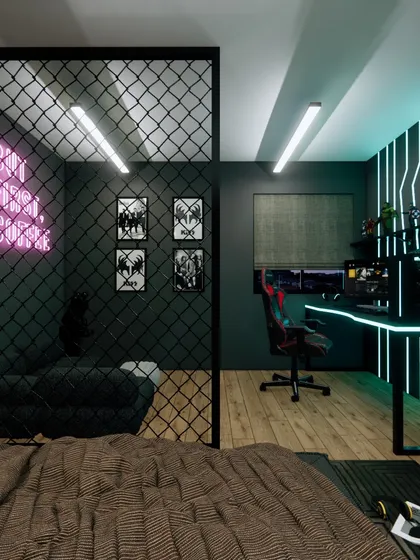 A view from the bed into the gaming zone, showing how we can create distinct functional areas within a single room.
