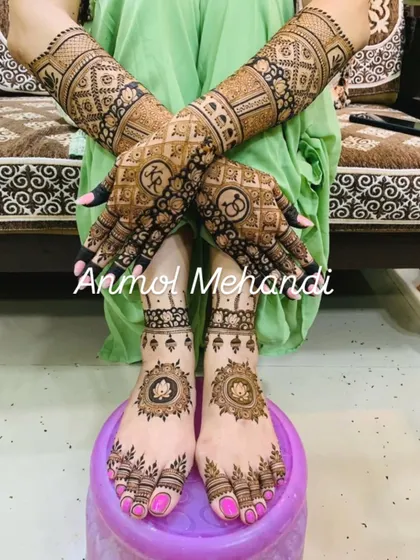I create complete bridal looks with matching designs for hands and feet. This set features intricate geometric patterns on the arms and beautiful circular mandalas on the feet, personalized with the couple's initials.