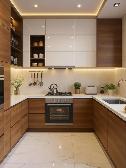 This U-shaped modular kitchen combines warm wood-finish cabinets with sleek white overheads for a timeless look. The design maximizes functionality with integrated ovens, under-cabinet lighting for task areas, and a clean white countertop, all set against a marble-patterned tile floor.