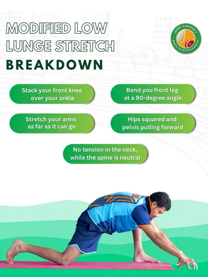 A breakdown of the modified low lunge stretch. This is a game-changer for cricketers, opening up the hips to improve flexibility and prevent injury.