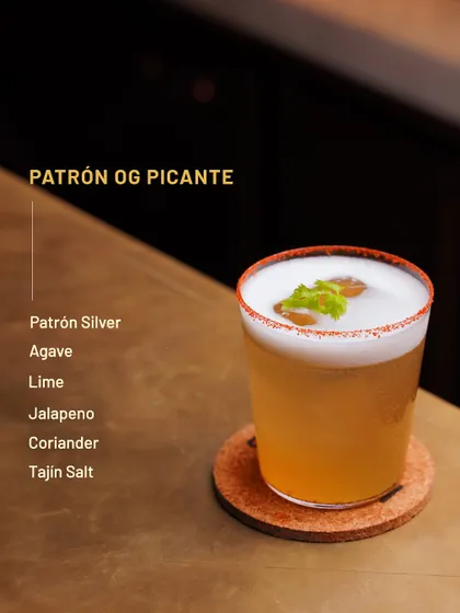 The Patrón OG Picante, a spicy and zesty drink with jalapeño, coriander, and a tajin salt rim.