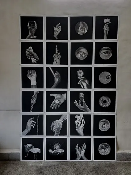 The full grid of 24 drawings, laid out on the floor. This shot gives a great sense of the scale and scope of the entire project.