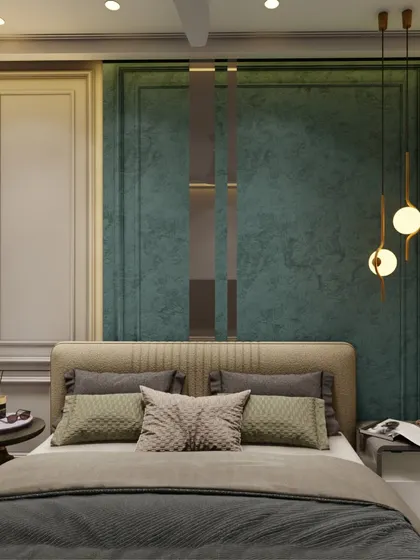 A clean version of the teal and beige bedroom, allowing the textures, colors, and classic wall molding to be the primary focus. The pendant lights and layered bedding create a sense of refined comfort.