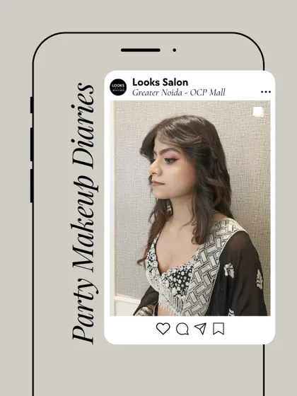 A side profile of the playful pink makeup look. This angle shows how the feathered hairstyle adds volume and movement, completing the youthful and trendy style.