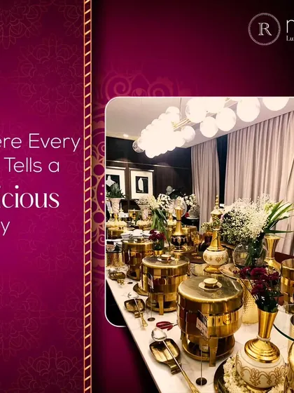 A beautifully arranged buffet line featuring our signature gold-tone serveware. Every dish tells a delicious story, from the presentation to the flavor.
