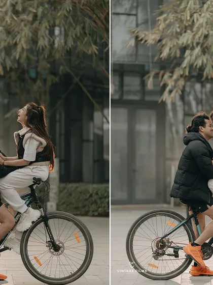A romantic bicycle ride for two. This pre-wedding photo is full of movement and affection, telling a story of a couple who enjoys every moment together.