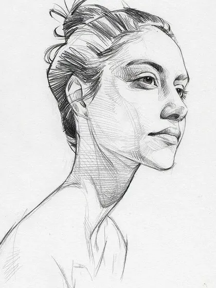 This three-quarter view portrait sketch is an excellent example of capturing form and light. We teach you how to use shading to sculpt the features and create a sense of three-dimensional form.