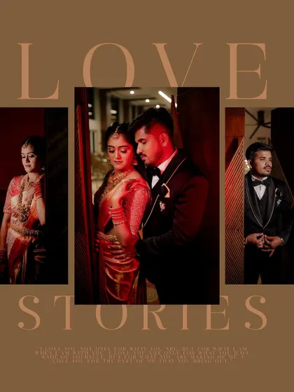 A "Love Stories" themed collage from the reception, featuring intimate portraits of the couple.