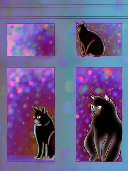 A close-up of the magical cat illustration, focusing on their glowing eyes and the vibrant, bokeh background.