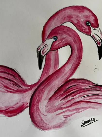 A simple and elegant watercolor painting of two flamingos. Their intertwined necks form a heart shape, making this a lovely piece about love and companionship.