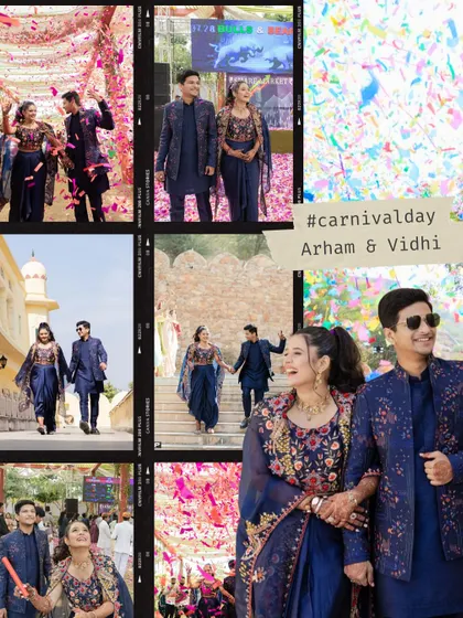 A film-strip style collage capturing the fun and energy of the couple's entrance at their wedding carnival, complete with confetti and happy smiles.