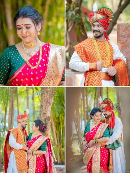 A collage of a couple's portraits in a beautiful outdoor setting, capturing their loving glances and traditional attire.