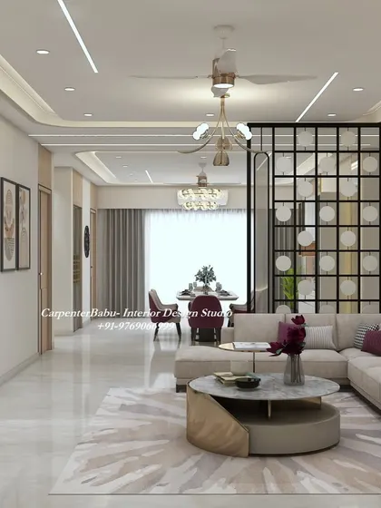 A wide-angle view of the open-plan 3BHK, showing the seamless flow from the living area to the dining space. The consistent flooring and ceiling design unite the entire area.