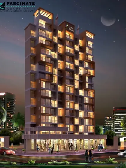 A night-time rendering of "Imperial Crest" in Taloja, Navi Mumbai, a completed residential project with 42 flats and ground-floor retail. This view emphasizes the building's lighting design, which creates a warm and inviting presence while highlighting the architectural details of the facade and staggered balconies.