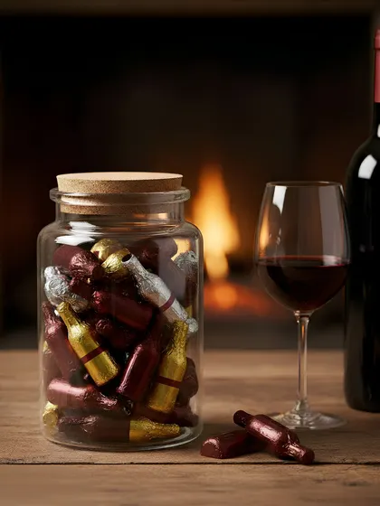 Wrapped chocolates sit in a jar beside wine in our catalogue still life for the wine chocolate range.