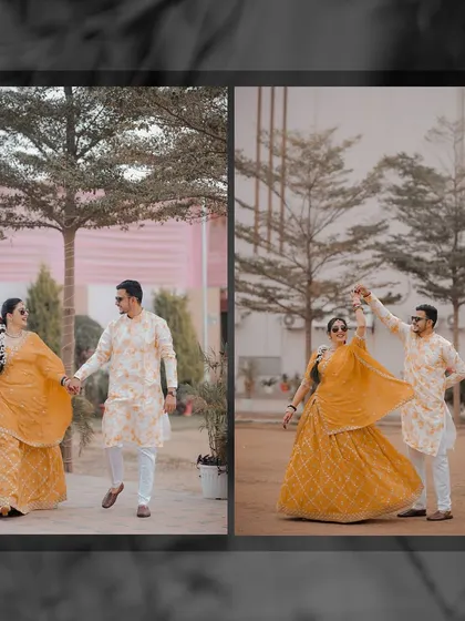 A set of beautiful outdoor portraits from a Haldi day. We capture the couple walking hand-in-hand and sharing a dance, showcasing their yellow outfits and joyful mood.