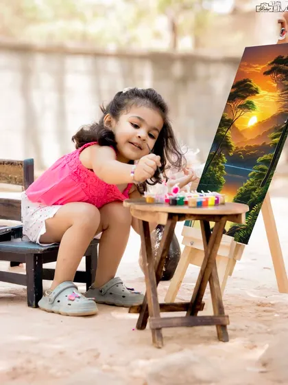 An outdoor version of our little artist theme. This girl is focused on her painting, surrounded by nature, creating a beautiful and candid moment.