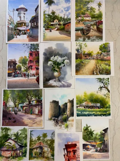 A collection of my watercolor demonstration pieces, showcasing a variety of subjects including landscapes, cityscapes, and still life.
