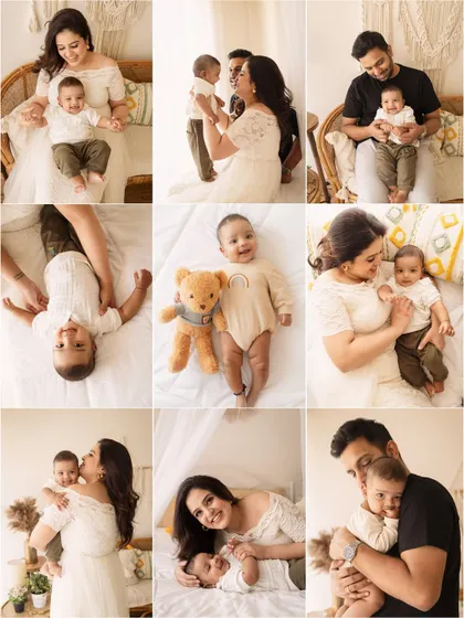 A collection of happy moments. This collage showcases the variety of shots we can get in a milestone session, from playful candids to sweet family portraits.