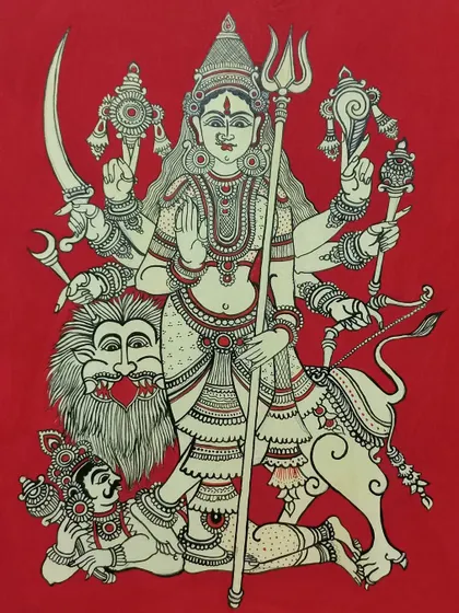 A powerful depiction of Goddess Durga in the Kalamkari style, rendered on a vibrant red background. This A4-sized artwork, created with acrylic and poster colors, is available for purchase.