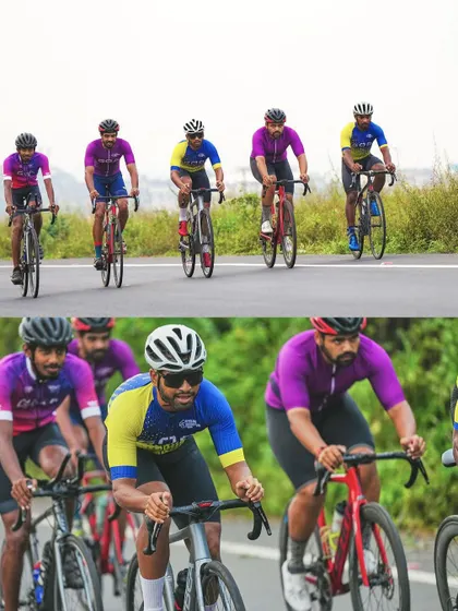 A collage showing the entire team riding in formation. The top panel gives a wide view of the paceline, while the bottom panel offers a closer look at the riders' focus and coordination.